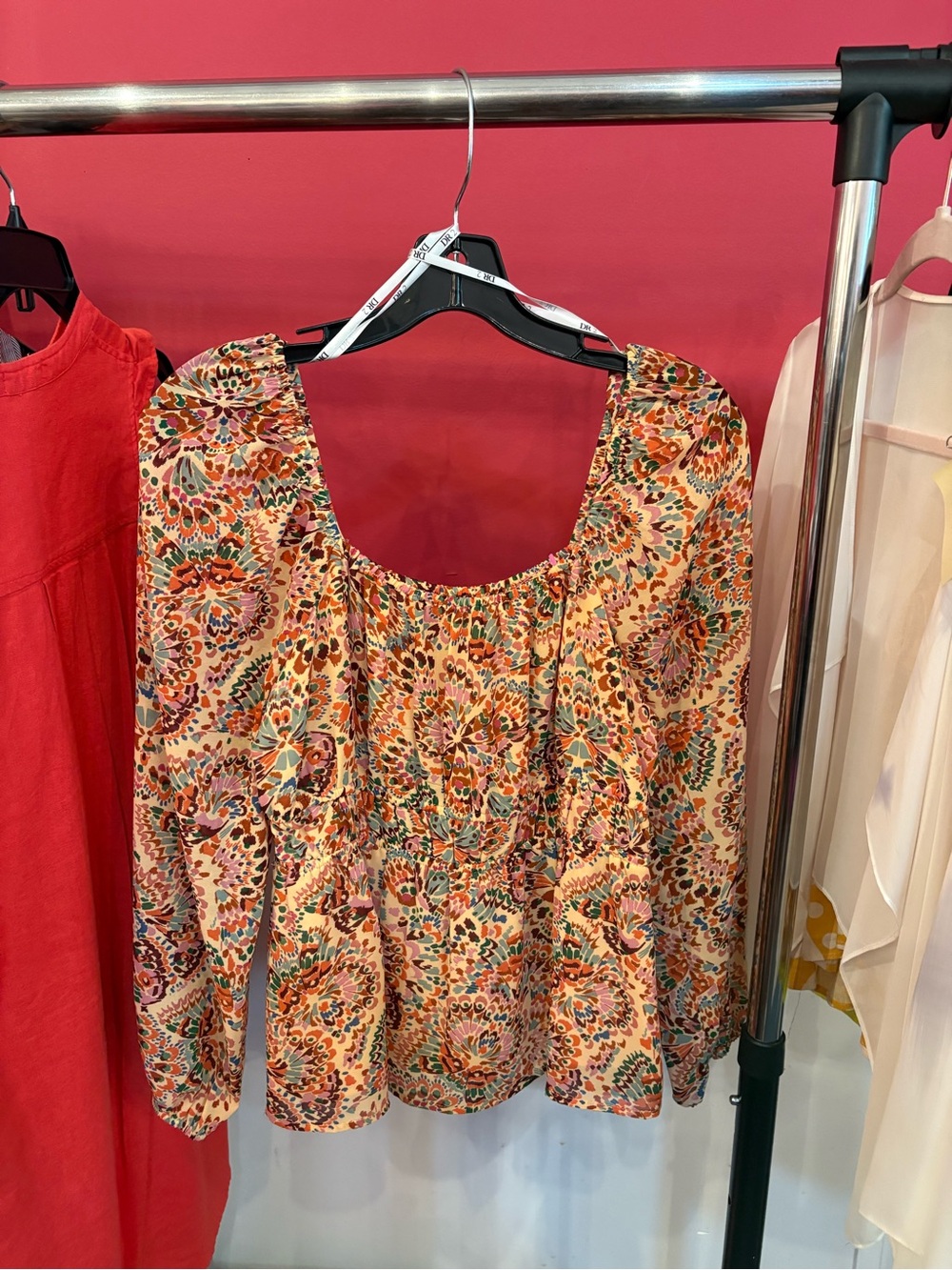 DR2 Floral Scoop-Neck Blouse in Cream and Orange